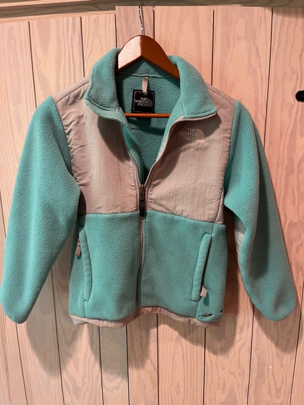The North Face Mint Green Kids Fleece Jacket with Gray Panels